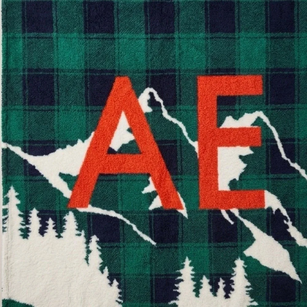American Eagle Throw Blanket 50x60 Green Buffalo Plaid Sherpa Fleece Mountain